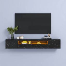KEEPREAPER Wall-Mounted Marble Finish TV Stand for 55-80in LED Storage Cabinet TV Unit in Black - thumbnail 1