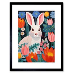 Artery8 Wall Art Print Bunny Rabbit in Colourful Bold Vibrant Flowers Kids Bedroom Floral Artwork Garden Spring Blooms Artwork Framed 9X7 Inch - thumbnail 1