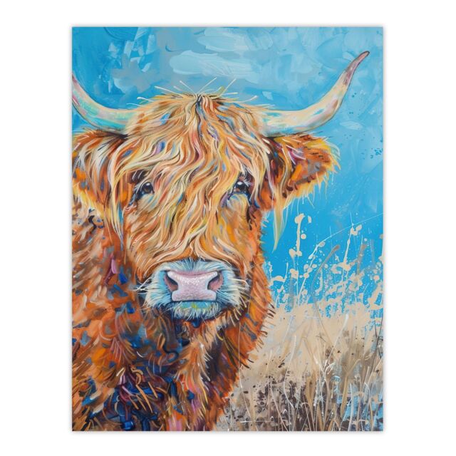 "Artery8 Highland Cow Oil Portrait Scottish Summer Wall Art Print in Blue - Size: W24"" x H32""" - image 1