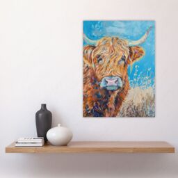"Artery8 Highland Cow Oil Portrait Scottish Summer Wall Art Print in Blue - Size: W24"" x H32""" - thumbnail 4
