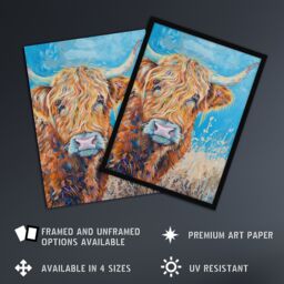 "Artery8 Highland Cow Oil Portrait Scottish Summer Wall Art Print in Blue - Size: W24"" x H32""" - thumbnail 2