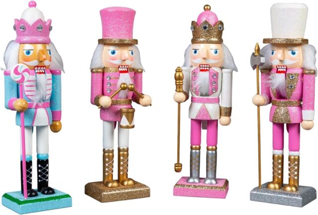 Shatchi 25cm Pink Wooden Nutcrackers Soldiers King Drummer Christmas Ornament 4pcs Set - image 1