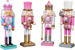 Shatchi 25cm Pink Wooden Nutcrackers Soldiers King Drummer Christmas Ornament 4pcs Set