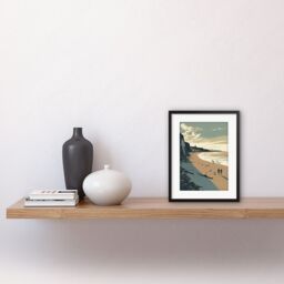 "Artery8 Wall Art Print People Walking on Filey Beach Coastal Artwork Framed 9X7 Inch in Black - Size: W7"" x H9""" - thumbnail 2