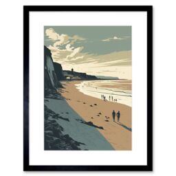 "Artery8 Wall Art Print People Walking on Filey Beach Coastal Artwork Framed 9X7 Inch in Black - Size: W7"" x H9""" - thumbnail 1