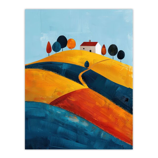 "Artery8 Wall Art Print Farmhouse on Hill Countryside Landscape Painting Poster - Size: W24"" x H32""" - image 1