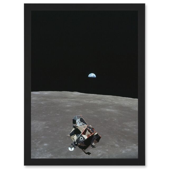 Artery8 Space NASA Earth Moon Lunar Landing Module Earth USA Photo Artwork Framed Wall Art Print A4 in Black - image 1