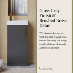 Balterley Floor Standing Vanity Basin 400mm Gloss Grey & Brushed Brass Handle - thumbnail 4