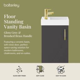 Balterley Floor Standing Vanity Basin 400mm Gloss Grey & Brushed Brass Handle - thumbnail 2