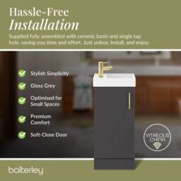 Balterley Floor Standing Vanity Basin 400mm Gloss Grey & Brushed Brass Handle - thumbnail 7