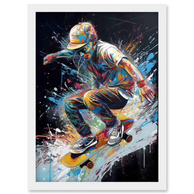 Artery8 Skateboarder Skating Multicoloured Splat Paint Artwork Framed Wall Art Print A4 in White - image 1