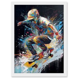Artery8 Skateboarder Skating Multicoloured Splat Paint Artwork Framed Wall Art Print A4 in White - thumbnail 1