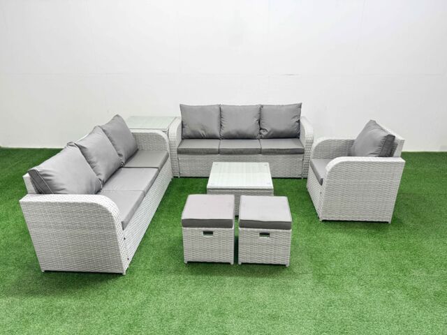 Fimous 9 Seater Poly Rattan Outdoor Garden Furniture Square Coffee Table Sofa Set Patio 3 Seater Sofa Reclining Chair 3 Seater Sofa Stools Side Table - image 1