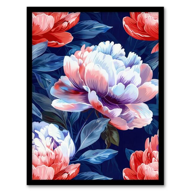 "Artery8 Wall Art Print Peony Flowers Pink Purple Blue Floral Pattern Art Framed Poster in Black - Size: W12"" x H16""" - image 1