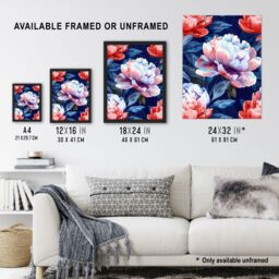 "Artery8 Wall Art Print Peony Flowers Pink Purple Blue Floral Pattern Art Framed Poster in Black - Size: W12"" x H16""" - thumbnail 3