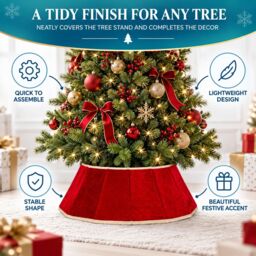 Shatchi 26.8 Inch Red Velvet Diamond Shape Christmas Tree Collar with Foldable Design - thumbnail 7