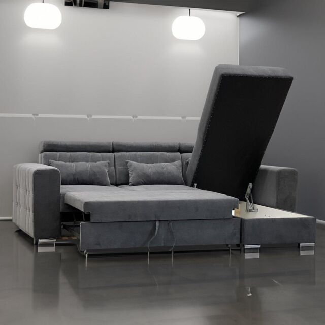 Furnishings For Less UK Miami Grey Fabric Reversible L Shaped Corner Sofa Bed with Storage & Headrests 3-4 Seater - image 1