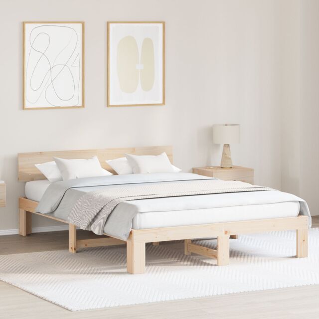 Berkfield Home Bed Frame with Headboard 160x200 cm Solid Pine Wood in Beige - image 1