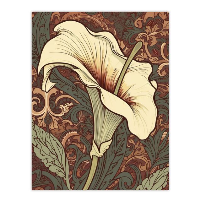 Artery8 Wall Art Print Single White Cala Lily Flower Art Nouveau Painting Pastel Colour Teal Green Red William Morris Style Patterns Colourful Bright - image 1