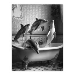 "Artery8 Dolphins Playing in Bathtub Black White Surreal Wall Art Print in Grey - Size: W24"" x H32""" - thumbnail 1