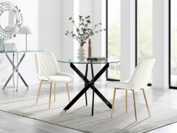 FurnitureboxUK Novara 100cm Round Black Leg Dining Table & 2 Pesaro Gold Leg Chairs in Cream - thumbnail 1