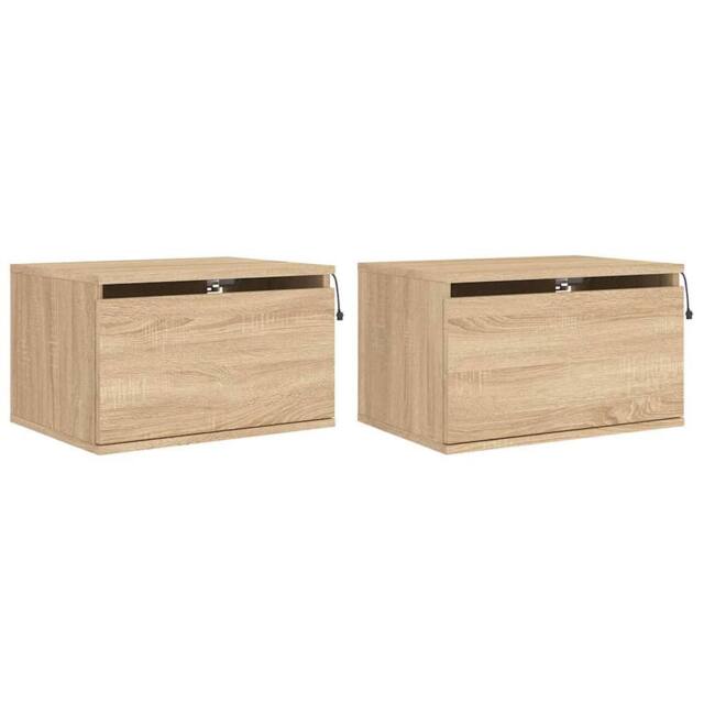 Berkfield Home Wall-mounted Bedside Cabinets with LED Lights 2 pcs Sonoma Oak in Light Brown - image 1