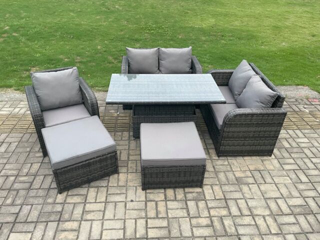 Fimous 7 Seater Rattan Furniture Garden Dining Set Outdoor Height Adjustable Rising lifting Table Love Sofa Chair With 2 Big Footstool in Dark Grey - image 1