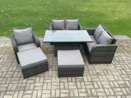 Fimous 7 Seater Rattan Furniture Garden Dining Set Outdoor Height Adjustable Rising lifting Table Love Sofa Chair With 2 Big Footstool in Dark Grey - thumbnail 1
