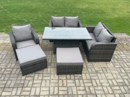 Fimous 7 Seater Rattan Furniture Garden Dining Set Outdoor Height Adjustable Rising lifting Table Love Sofa Chair With 2 Big Footstool in Dark Grey - thumbnail 2