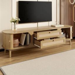 Merax Rattan TV Cabinet with Sliding Doors & Drawers in Natural - thumbnail 6