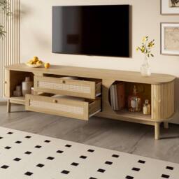 Merax Rattan TV Cabinet with Sliding Doors & Drawers in Natural - thumbnail 2