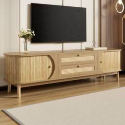 Merax Rattan TV Cabinet with Sliding Doors & Drawers in Natural - thumbnail 5