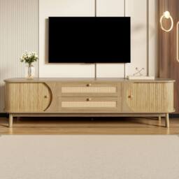 Merax Rattan TV Cabinet with Sliding Doors & Drawers in Natural - thumbnail 1