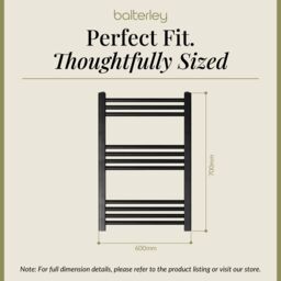 Balterley Straight Heated Towel Rail Radiator, 499W, 600 x 700mm, Matt Black - thumbnail 5