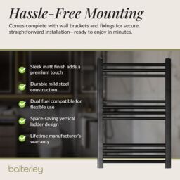 Balterley Straight Heated Towel Rail Radiator, 499W, 600 x 700mm, Matt Black - thumbnail 4