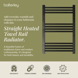 Balterley Straight Heated Towel Rail Radiator, 499W, 600 x 700mm, Matt Black - thumbnail 2