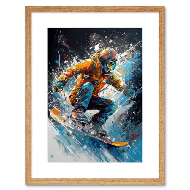 "Artery8 Wall Art Print Snowboarder Landing Snowboard Jump Splatter Paint Artwork Framed 9X7 Inch in Beige - Size: W7"" x H9""" - image 1