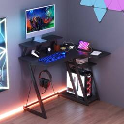 Costway L-Shaped Gaming Desk Small Computer Desk w/ Monitor Shelf & Outlets in Black - thumbnail 3
