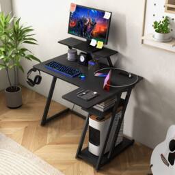 Costway L-Shaped Gaming Desk Small Computer Desk w/ Monitor Shelf & Outlets in Black - thumbnail 4