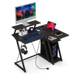 Costway L-Shaped Gaming Desk Small Computer Desk w/ Monitor Shelf & Outlets in Black - thumbnail 1