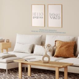 Wee Blue Coo Pack of 2 Bedroom Art Hello Gorgeous Let's Get Naked Stylish Modern Typography Unframed Wall Art Living Room Prints Set in Light Beige - thumbnail 3