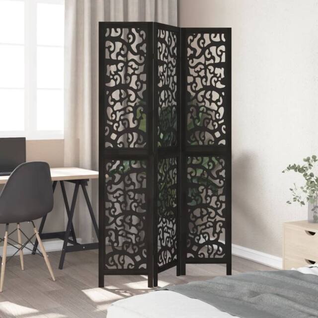 Berkfield Home Room Divider 3 Panels Black Solid Wood Paulownia - image 1