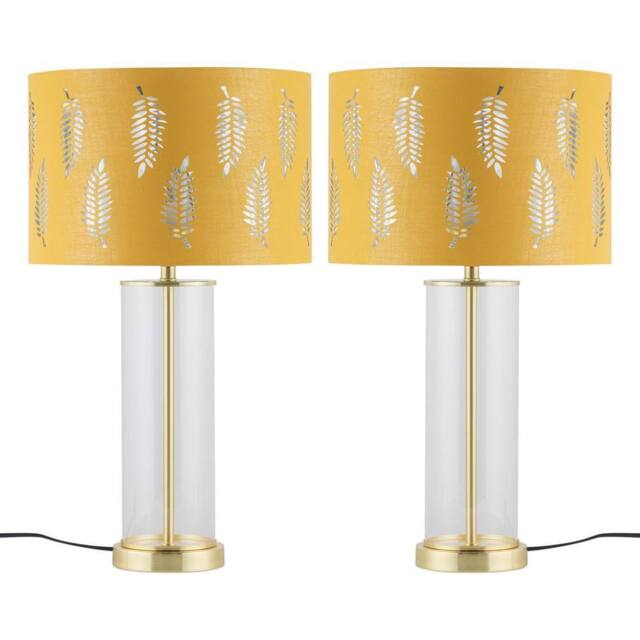 First Choice Lighting Set of 2 Aura - Satin Brass Lamps with Ochre Fern Cut Out Shades in Gold - image 1