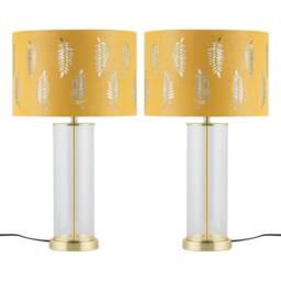 First Choice Lighting Set of 2 Aura - Satin Brass Lamps with Ochre Fern Cut Out Shades in Gold