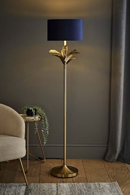 ValueLights Christina Velvet with Gold Metallic Inner Drum Shade Gold Palm Leaf Floor Lamp in Navy - image 1