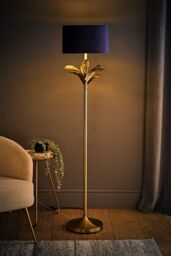 ValueLights Christina Velvet with Gold Metallic Inner Drum Shade Gold Palm Leaf Floor Lamp in Navy - thumbnail 2