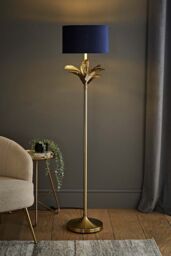 ValueLights Christina Velvet with Gold Metallic Inner Drum Shade Gold Palm Leaf Floor Lamp in Navy - thumbnail 1