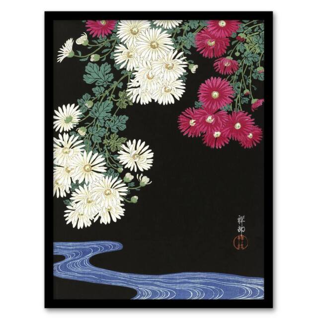 Artery8 Chrysanthemums & Running Water Retro Japan Framed Wall Art Print Koson in Pink - Size: A4 - image 1