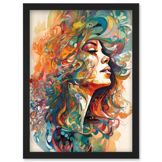 Artery8 Iris Goddess of Rainbows Multicoloured Flowing Hair Deity Portrait Modern Watercolour Illustration Artwork Framed Wall Art Print A4 in Black - image 1