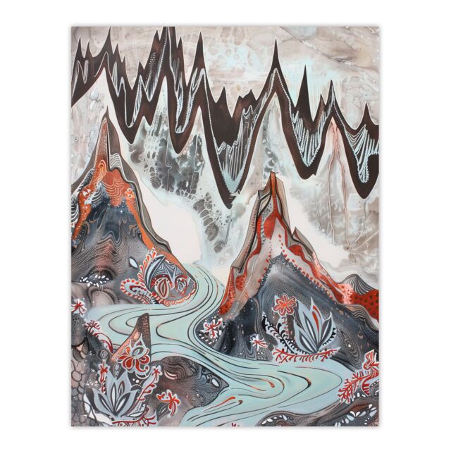 "Artery8 Spiky Mountains River Trippy Floral Folk Art Wall Art Print in Grey - Size: W24"" x H32""" - image 1